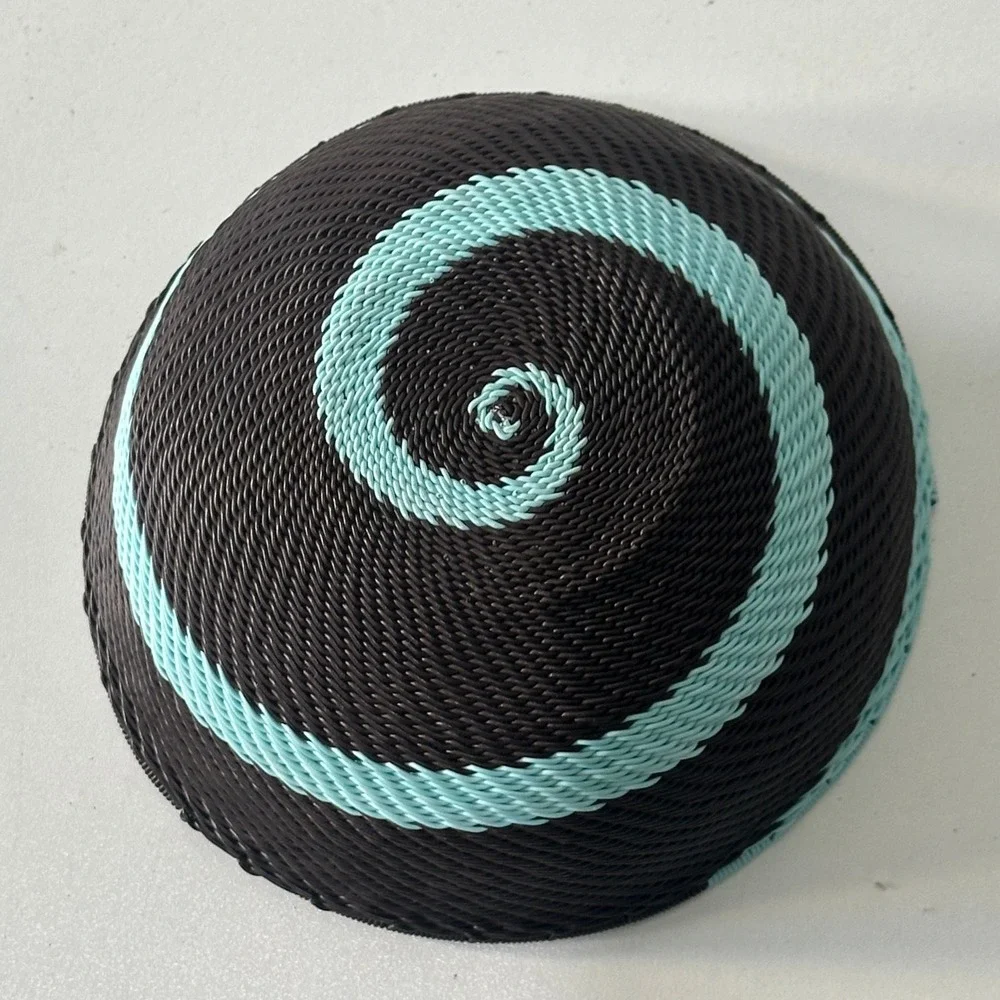 African Telephone Wire Bowl Handwoven Decorative‎ Swirl Basket Teal Brown